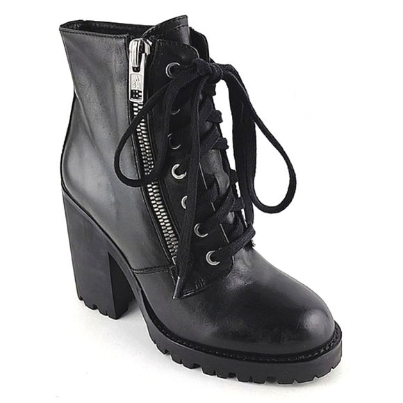 ASH Women's Poker Heeled Black Leather Chunky  Lace Up Dual Zipper Boots Size 37 - Picture 5 of 15